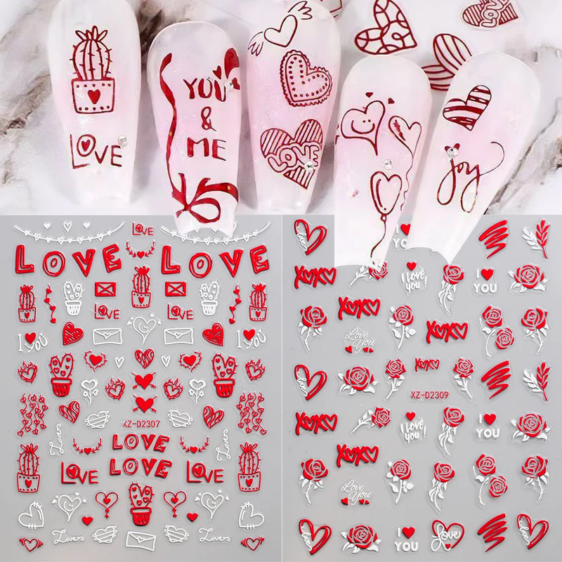 Valentine’s Day Nail Stickers – Red Lips & Love Heart Self-Adhesive Nail Decals (4/6/8/12 Pcs)