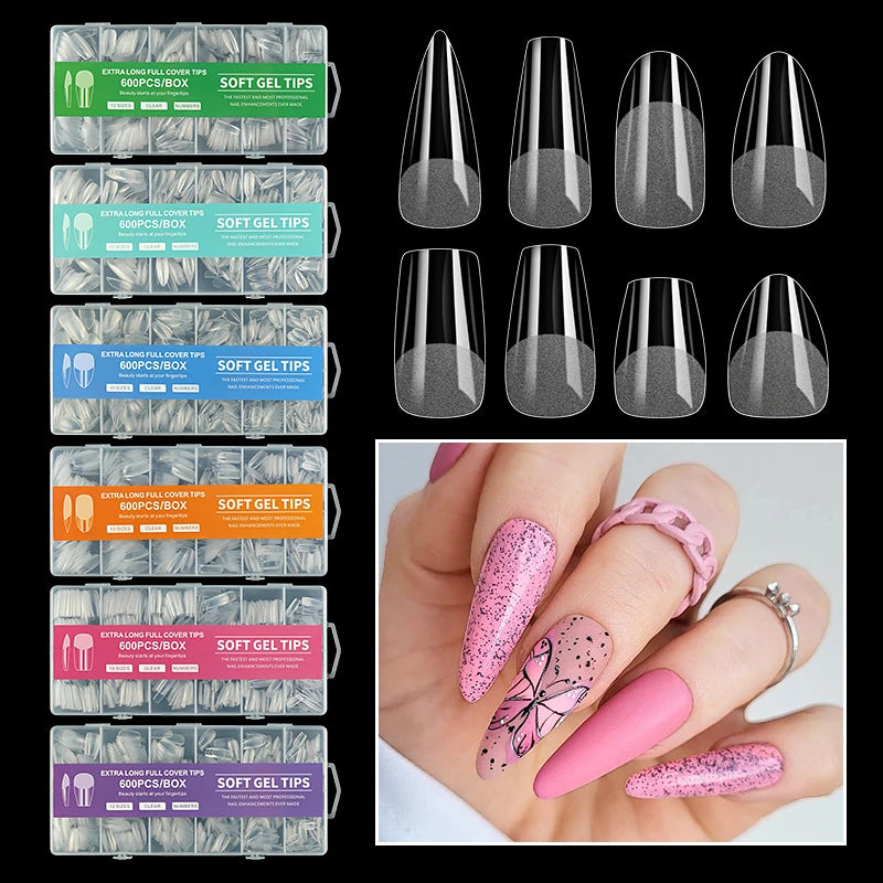 600PCS Semi-Frosted Long Soft Gel Tips – Almond, French Coffin Full & Half Cover Artificial Nail Tip