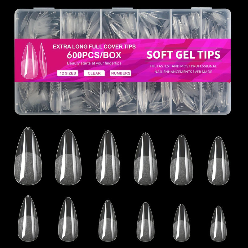 600PCS Half Matte Clear Acrylic Nail Tips – Soft Gel False Nail Tips for Extensions & Manicure Tools