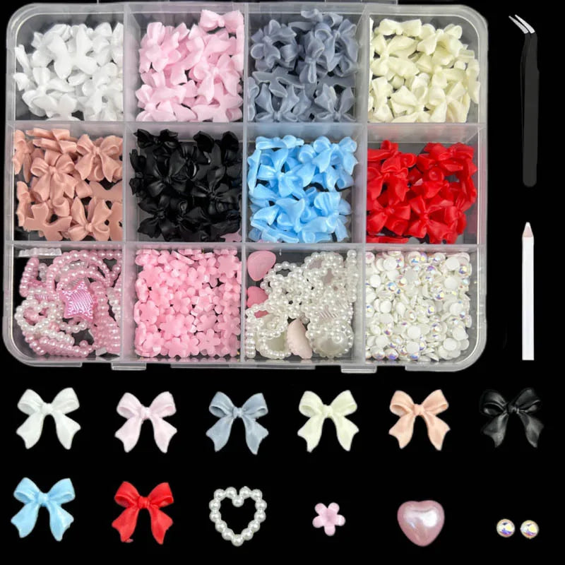 Mixed Acrylic 3D Nail Art Decorations - Flower Charms, Gold Beads, Caviar Pearls & Rhinestones