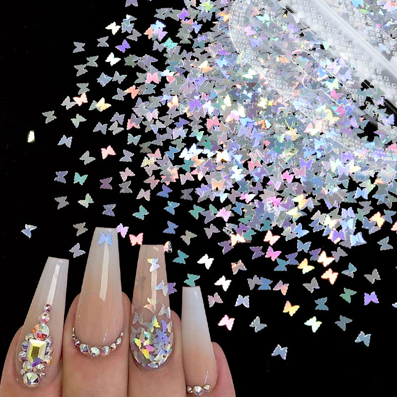 Holographic Laser Silver Nail Art Glitter Flakes Butterfly Love Heart Letter Shaped Sequins Nails