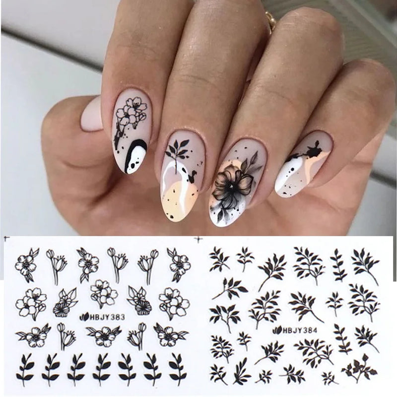 12PCS / Set Black Nail Stickers Flower Leaf Necklace 3D Sliders Decal Gel Polish Sticker DIY Design