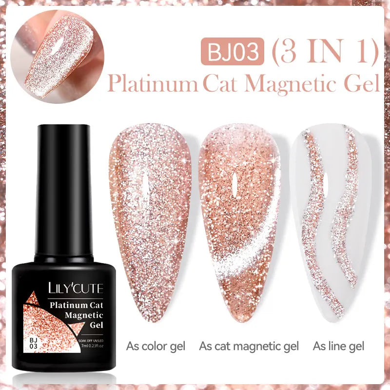 LILYCUTE 7ml Platinum Cat Eye Gel Polish – Rose Gold Foil Effect, Magnetic UV Gel for Nail Art