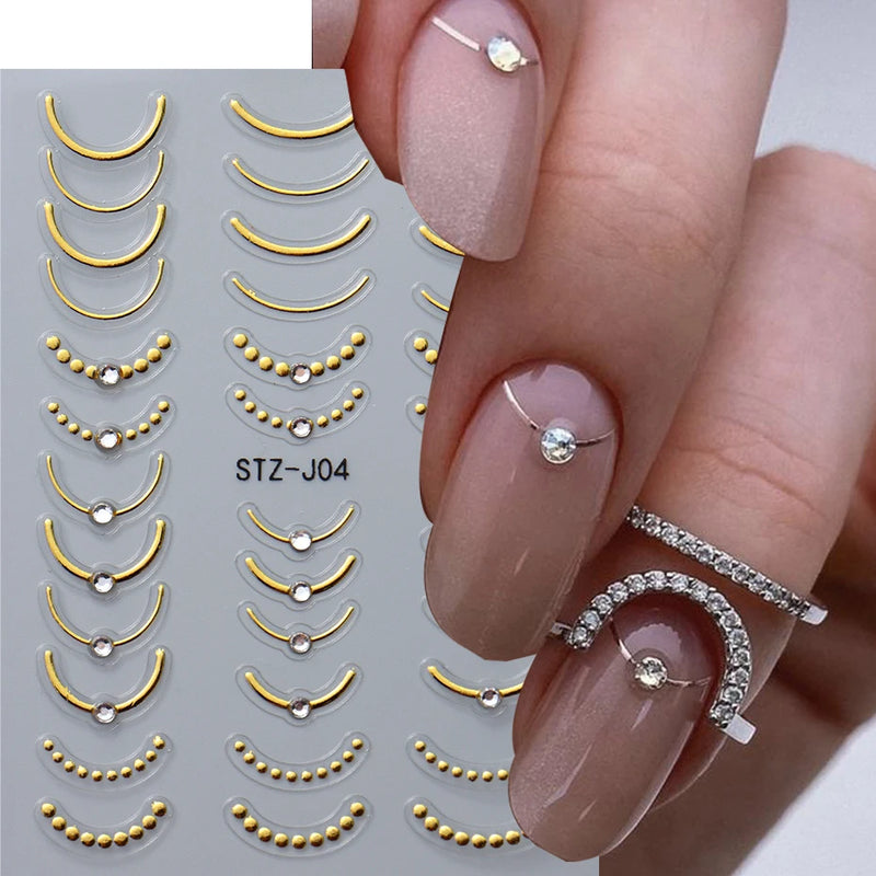 3D Rhinestone French Tip Nail Stickers – Gold & Silver Retro Wave Line Design for DIY Nail Art