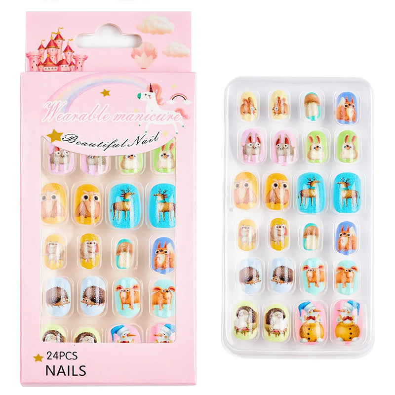 24Pcs Kids Press-On Nails – Cartoon Candy Design, Full Cover Fake Nails for Girls