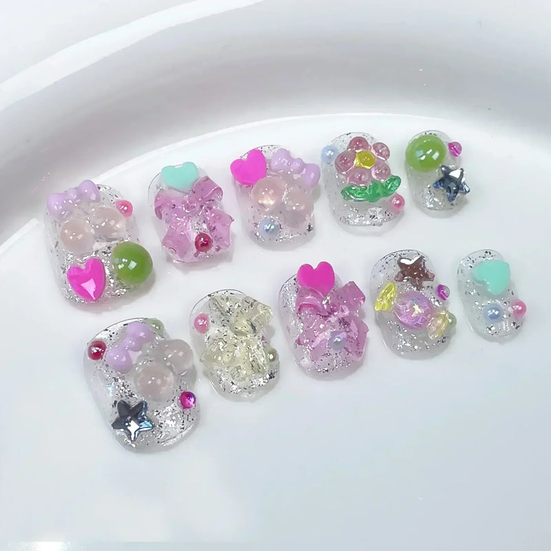 10Pcs Handmade Cute Press-On Nails – Short False Nails with 3D Star, Moon & Rhinestone Heart Design