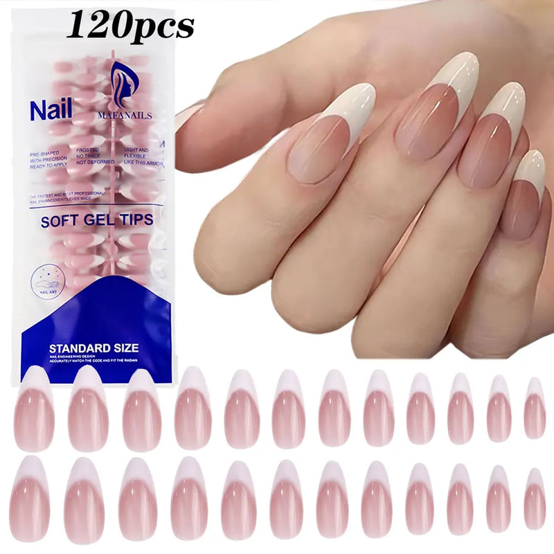 120Pcs Pink Almond French Press-On Nails – Gradient White Full Cover Acrylic Gel False Nail Tips