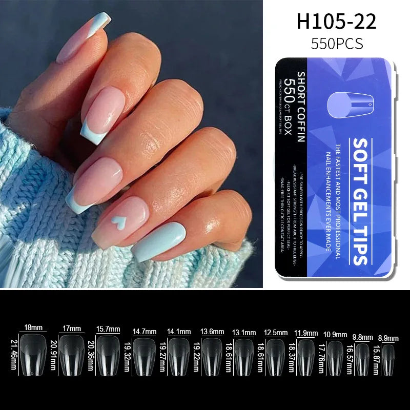 PINPAI Clear Acrylic Long Nail Tips – Full/Half Cover False Nail Tips (440/550 pcs)