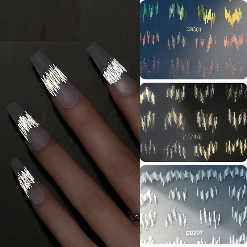 1PC High Gloss Reflective Wave Line Nail Sticker – White, Gold & Silver Glitter Decals