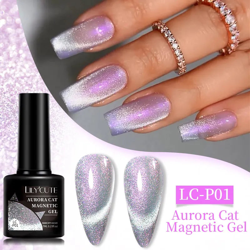 LILYCUTE 7ml Laser Cat Magnetic Gel Nail Polish – Blue Purple Gel Varnish for UV/LED Nail Art