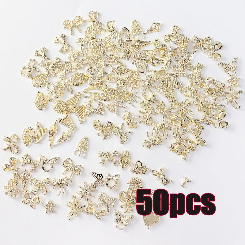 50pcs Random Luxury Nail Art Dangle Charms – Heart Bowknot Tassel Alloy 3D Nail Jewellery