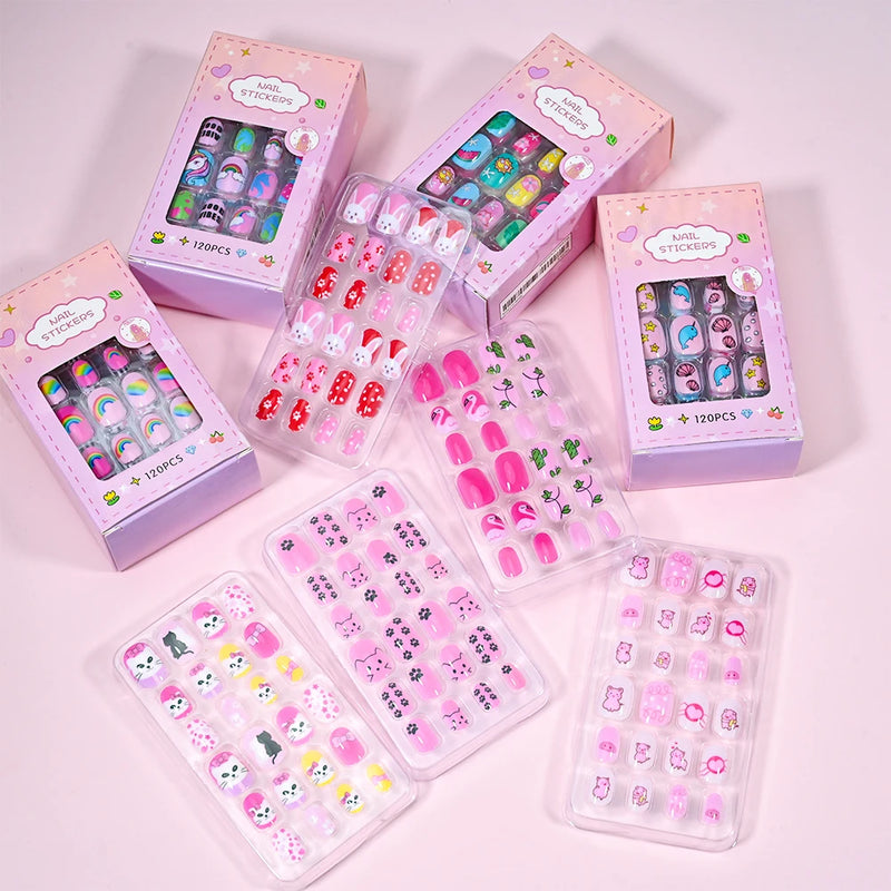 120PCS Pink Cartoon Press-On Nails for Kids – Unicorn, Cat, Bunny Full Cover False Nails