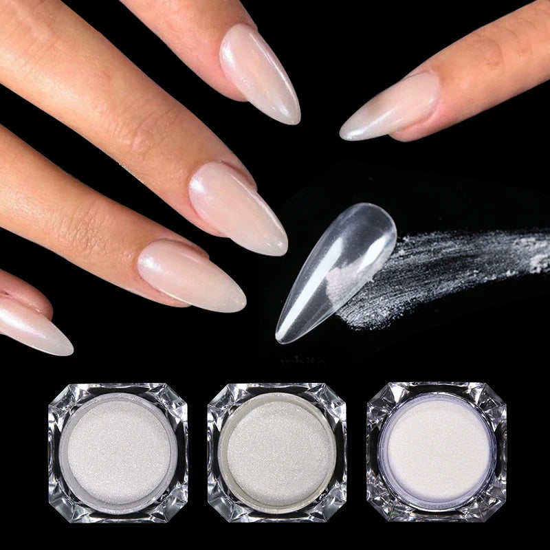 Aurora Pearl White Nail Glitter Powder – Chrome Moonlight Shell Mirror Pigment for UV Gel Nail Art