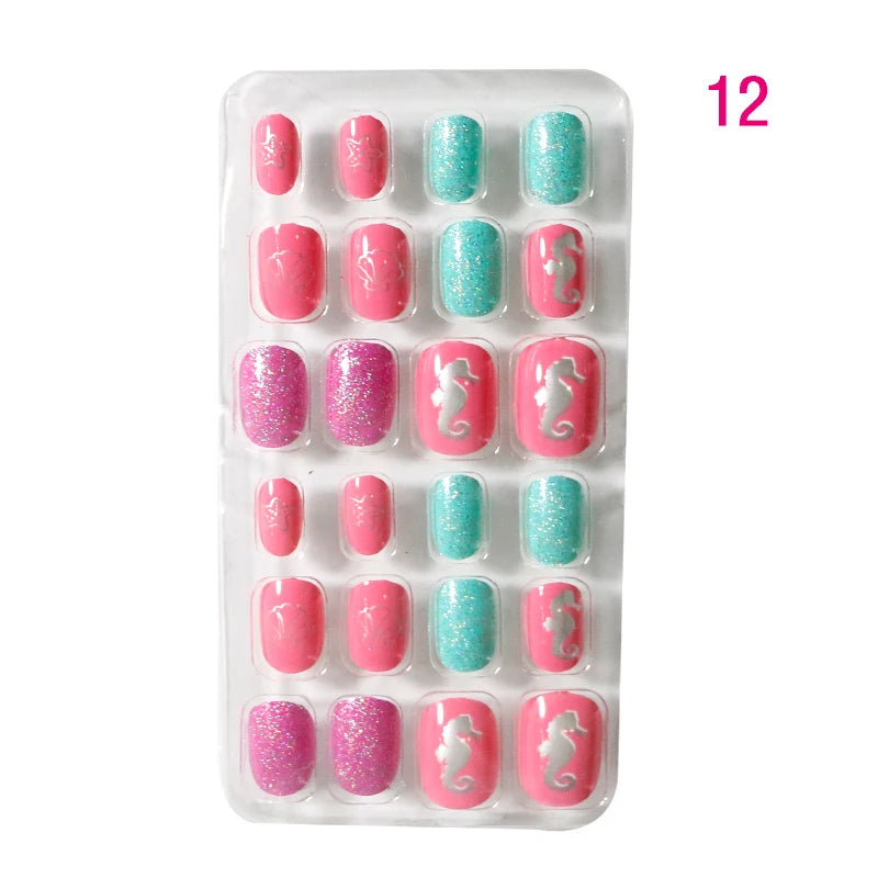 24Pcs Kids Press-On Nails – Cartoon Candy Design, Full Cover Fake Nails for Girls