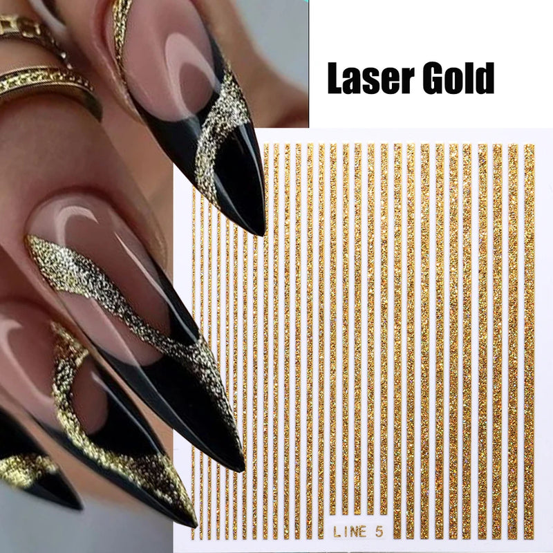 3D Rhinestone French Tip Nail Stickers – Gold & Silver Retro Wave Line Design for DIY Nail Art