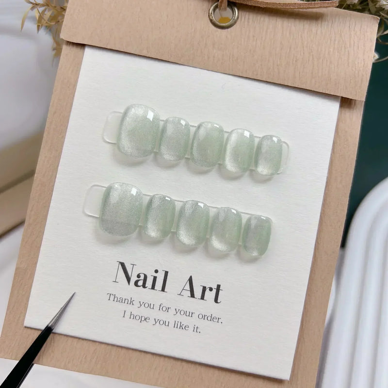 10Pcs Handmade Light Green Press-On Nails – Short Cat Eye Ballerina Full Cover Wearable Nail Tips