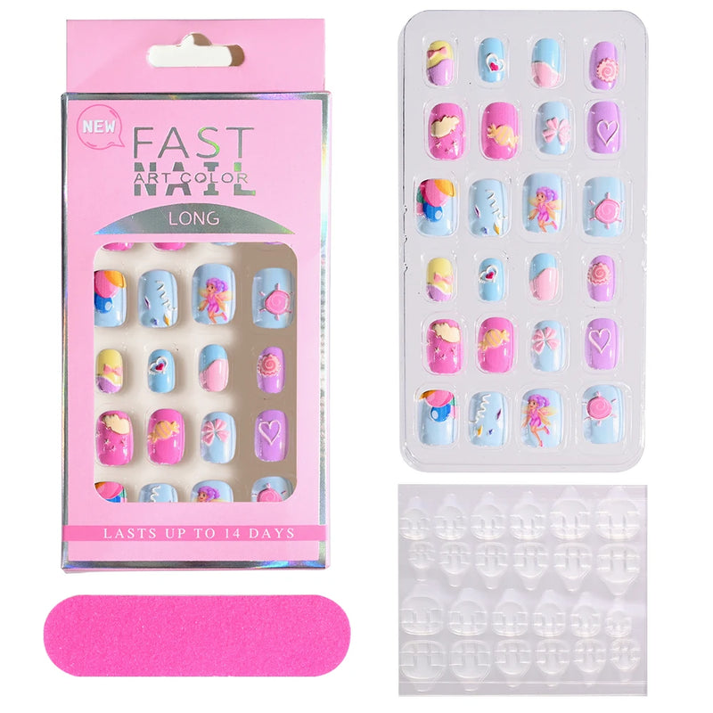 24Pcs Kids Press-On Nails – Cartoon Candy Design, Full Cover Fake Nails for Girls