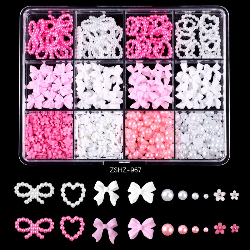 Mixed Acrylic 3D Nail Art Decorations - Flower Charms, Gold Beads, Caviar Pearls & Rhinestones