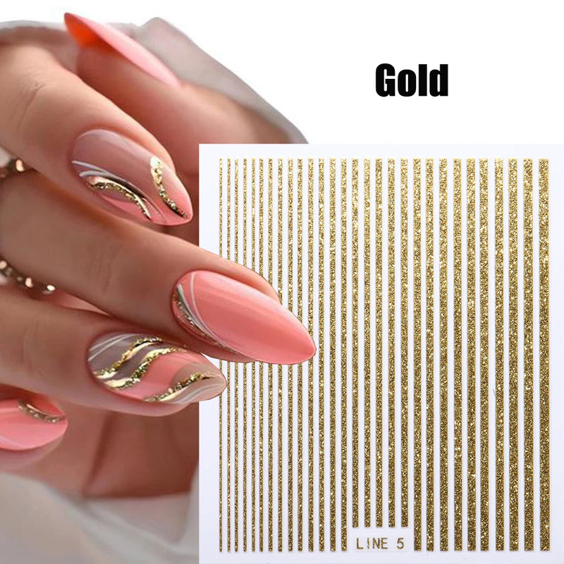 3D Rhinestone French Tip Nail Stickers – Gold & Silver Retro Wave Line Design for DIY Nail Art