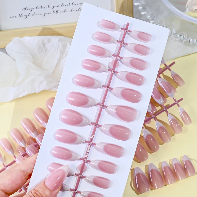 120Pcs Pink Almond French Press-On Nails – Gradient White Full Cover Acrylic Gel False Nail Tips