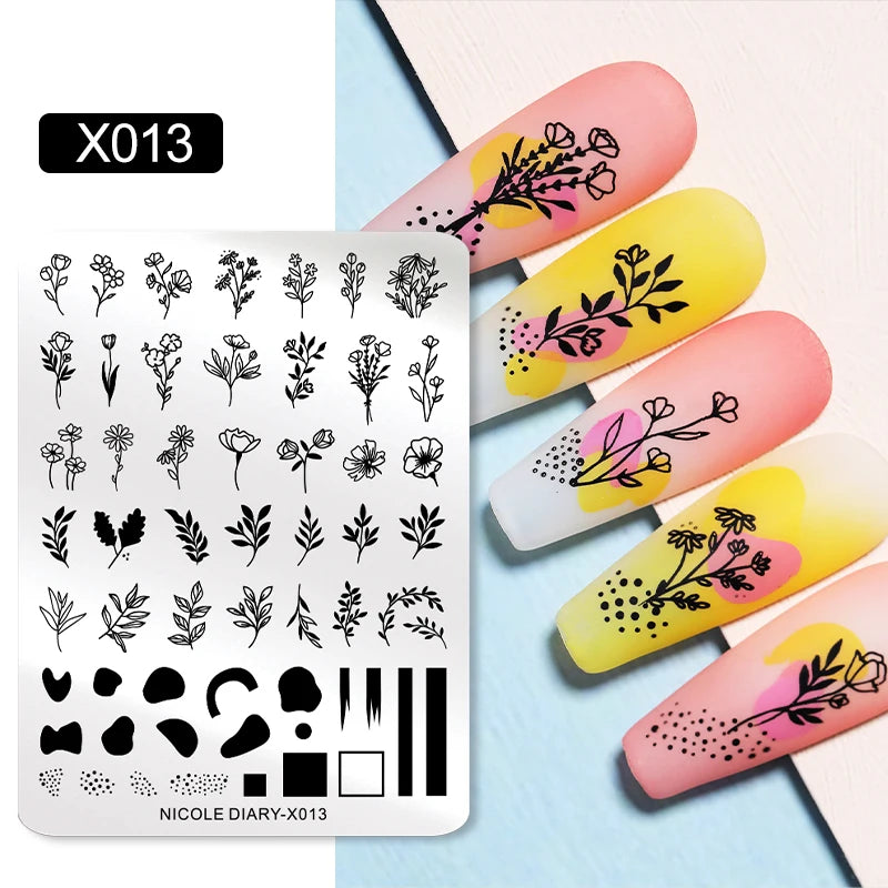 NICOLE DIARY Nail Stamping Plate – Leaves, Flowers, Geometric Stripes & More- Nail Art Stencil