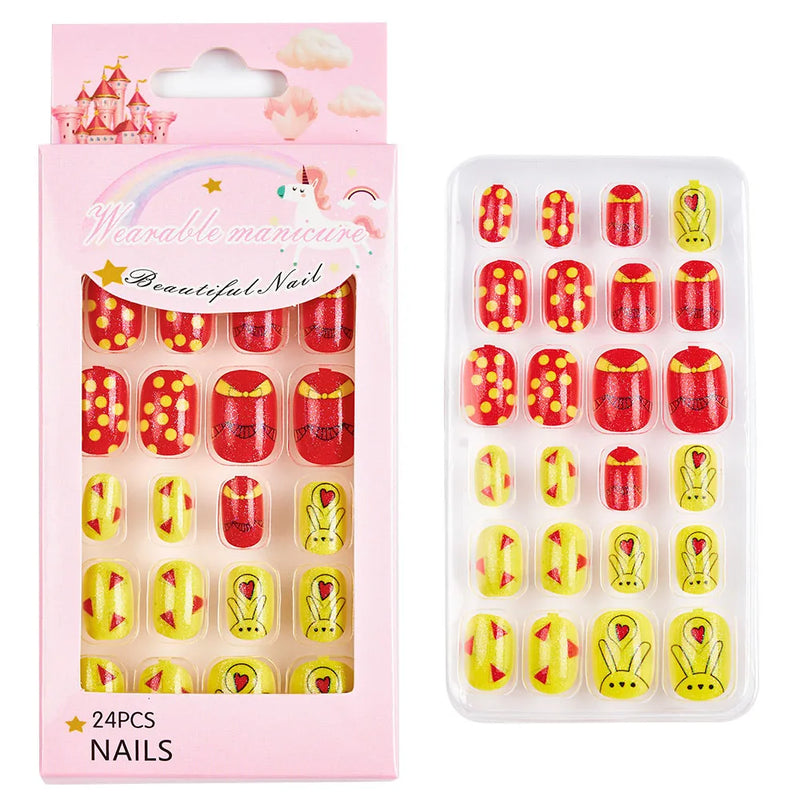 24Pcs Kids Press-On Nails – Cartoon Candy Design, Full Cover Fake Nails for Girls