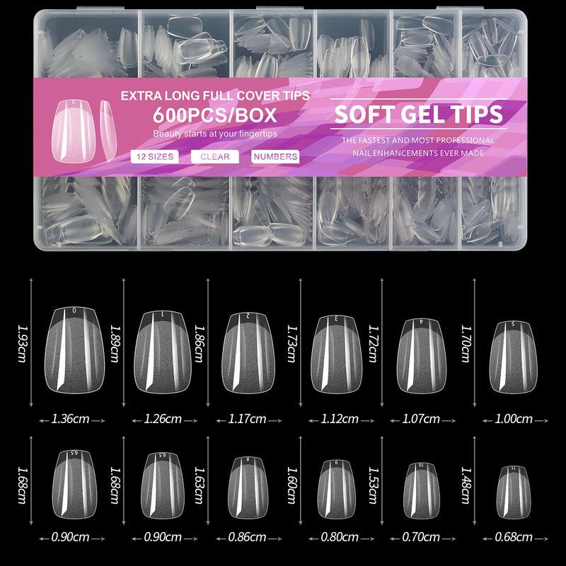 600Pcs Full Cover Press-On Nail Tips for Stiletto, Almond, Square, Coffin, and French Styles