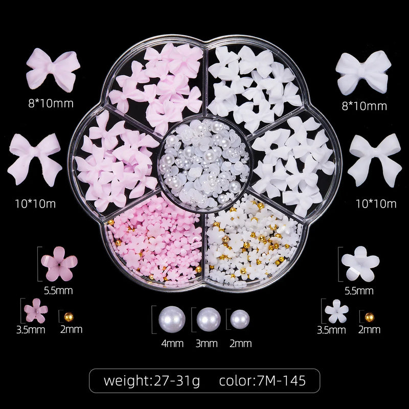 Mixed Acrylic 3D Nail Art Decorations - Flower Charms, Gold Beads, Caviar Pearls & Rhinestones