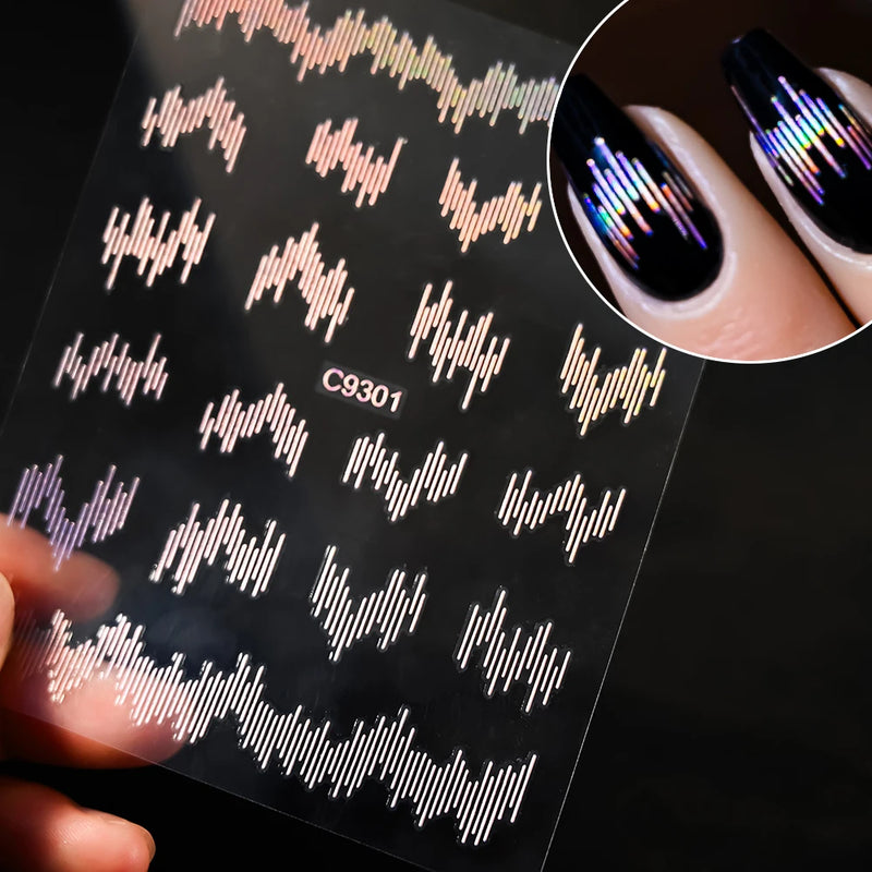 1PC High Gloss Reflective Wave Line Nail Sticker – White, Gold & Silver Glitter Decals