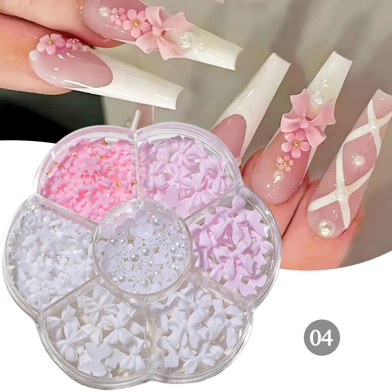 Mix Colour Jelly Ribbon Bowknot & Pearl Nail Charms – 3D Nail Art Decorations