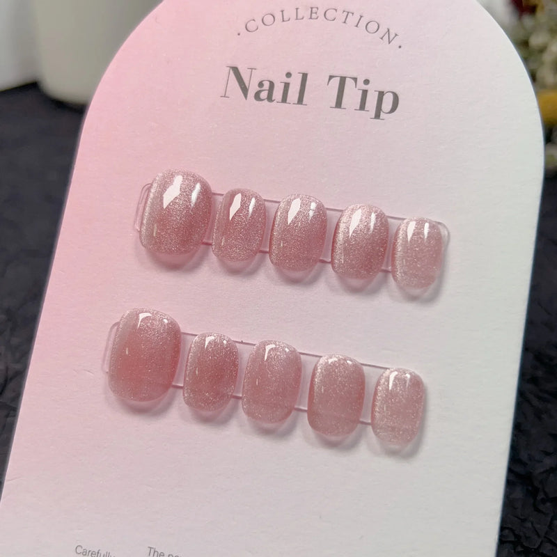 10Pcs Handmade Light Green Press-On Nails – Short Cat Eye Ballerina Full Cover Wearable Nail Tips