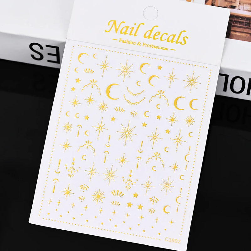 3D Gold Sun/Moon/Star Bronzing Nail Art Stickers – Gold & Silver Self-Adhesive Decals