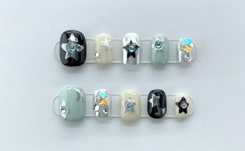 10Pcs Handmade Short Press-On Nails with Rhinestone Design – Wearable Full Cover Acrylic Nail Tips