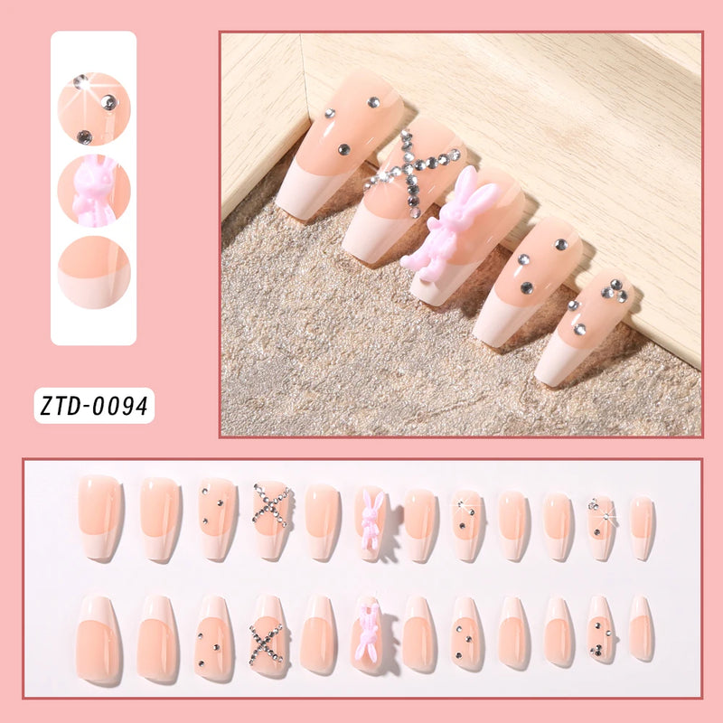 24PCS Medium Long French Acrylic Fake Nails – Full Cover Ballet Press-On Nail Tips, Removable Set