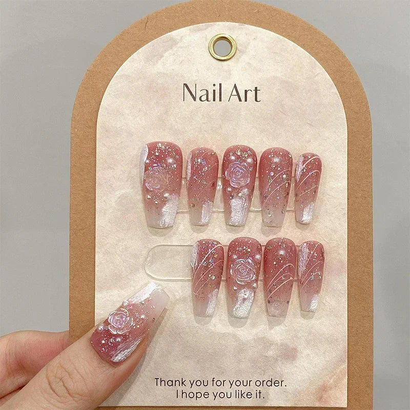 10Pcs Handmade Long Ballet Press-On Nails – Blue 3D Ocean Moon Rhinestone Full Cover Fake Nails