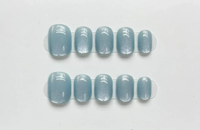 10Pcs Short Ballerina Press-On Nails Blue Cat Eye Full Cover Fake Nails