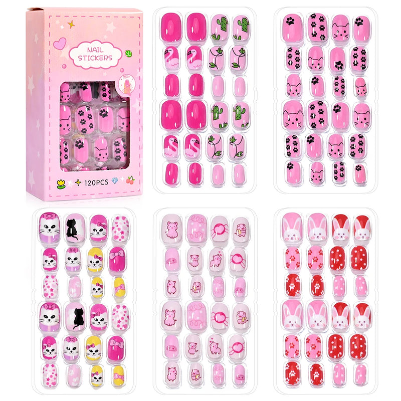 120PCS Pink Cartoon Press-On Nails for Kids – Unicorn, Cat, Bunny Full Cover False Nails