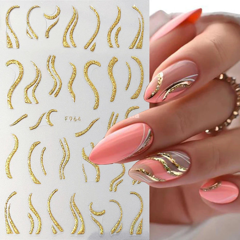 3D Rhinestone French Tip Nail Stickers – Gold & Silver Retro Wave Line Design for DIY Nail Art