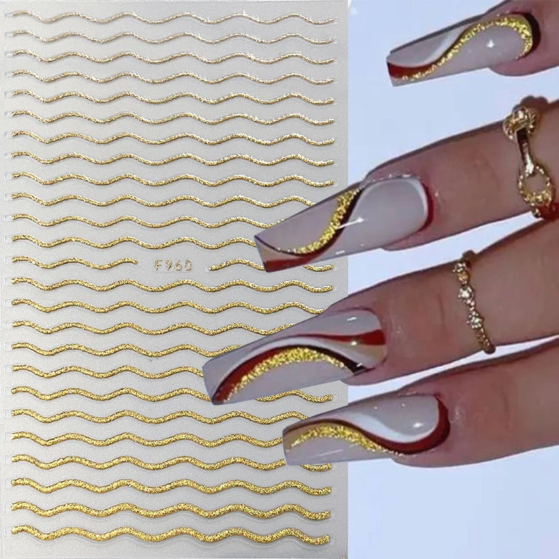 3D Rhinestone French Tip Nail Stickers – Gold & Silver Retro Wave Line Design for DIY Nail Art