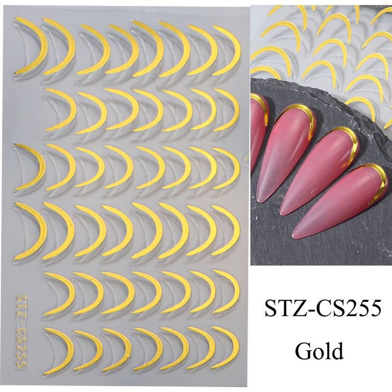 3D Rhinestone French Tip Nail Stickers – Gold & Silver Retro Wave Line Design for DIY Nail Art