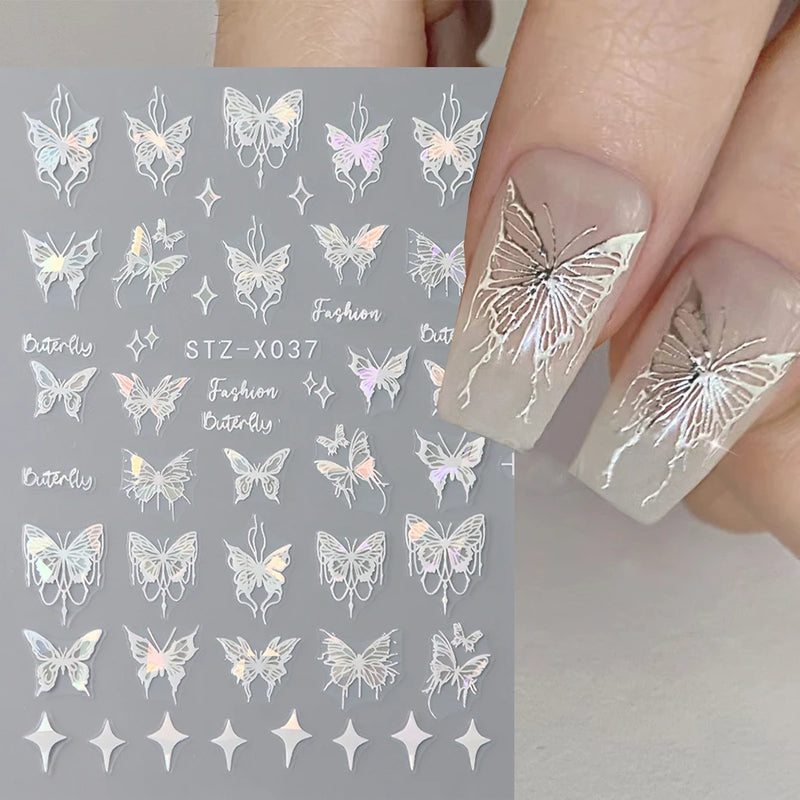 Metallic Black Butterfly 3D Nail Stickers – Dark Style Charms, Lace, Moon & Star Foil Decals