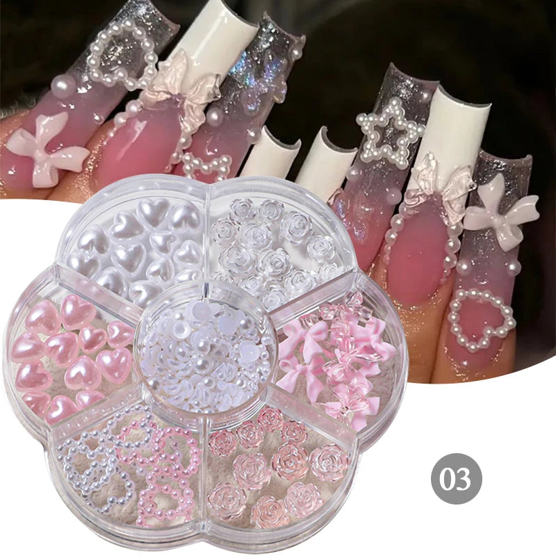 Mix Colour Jelly Ribbon Bowknot & Pearl Nail Charms – 3D Nail Art Decorations