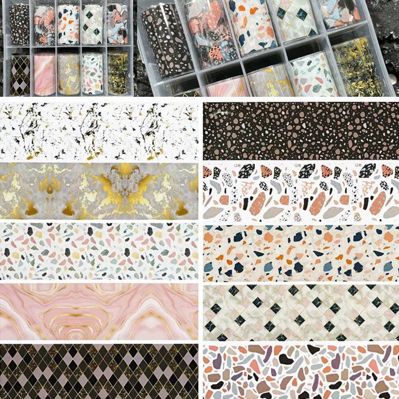 1Box Golden Marbling Stone Nail Foils for Transfer Paper Abstract Stickers Sliders Nails Wraps DIY