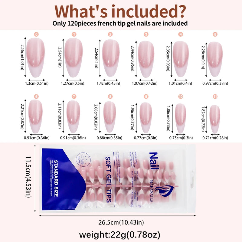 120Pcs Pink Almond French Press-On Nails – Gradient White Full Cover Acrylic Gel False Nail Tips