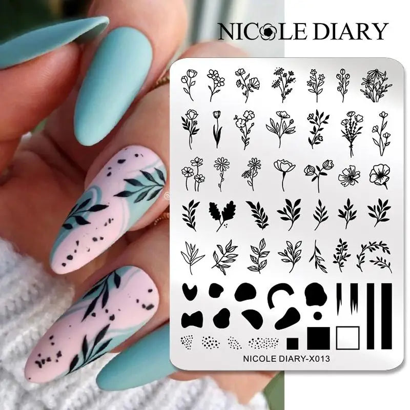 NICOLE DIARY Nail Stamping Plate – Leaves, Flowers, Geometric Stripes & More- Nail Art Stencil