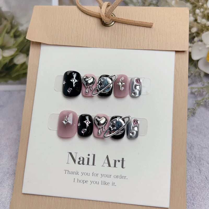 10Pcs Handmade Press-On Nails – Short, Sweet & Cool Full Cover Design, Round Head Fake Nails