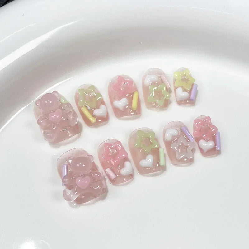 10Pcs Handmade Cute Press-On Nails – Short False Nails with 3D Star, Moon & Rhinestone Heart Design