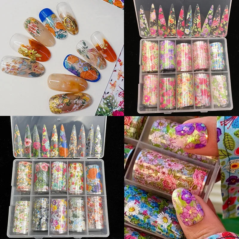 New Flower Nail Foils for Transfer Paper Stickers Floral Adhesive Fruit Nails Wraps Fish DIY Water