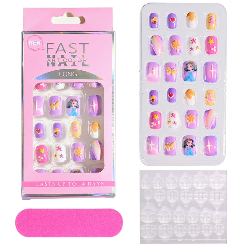 24Pcs Kids Press-On Nails – Cartoon Candy Design, Full Cover Fake Nails for Girls