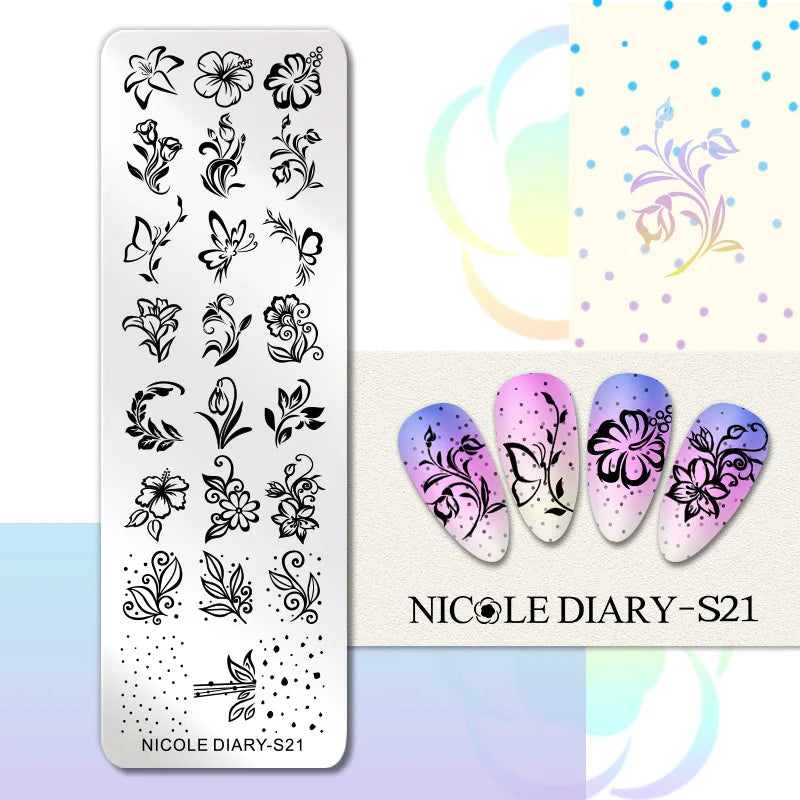 NICOLE DIARY Nail Stamping Plate – Leaves, Flowers, Geometric Stripes & More- Nail Art Stencil